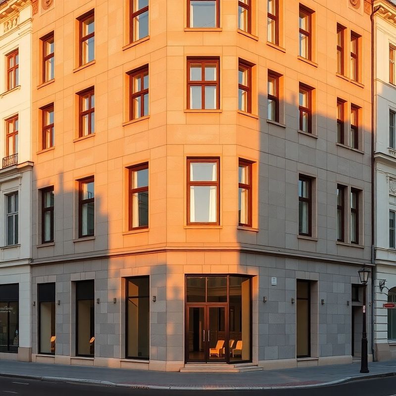 Fațadă de clădire pe Strada Republicii, Oradea, în lumină de seară